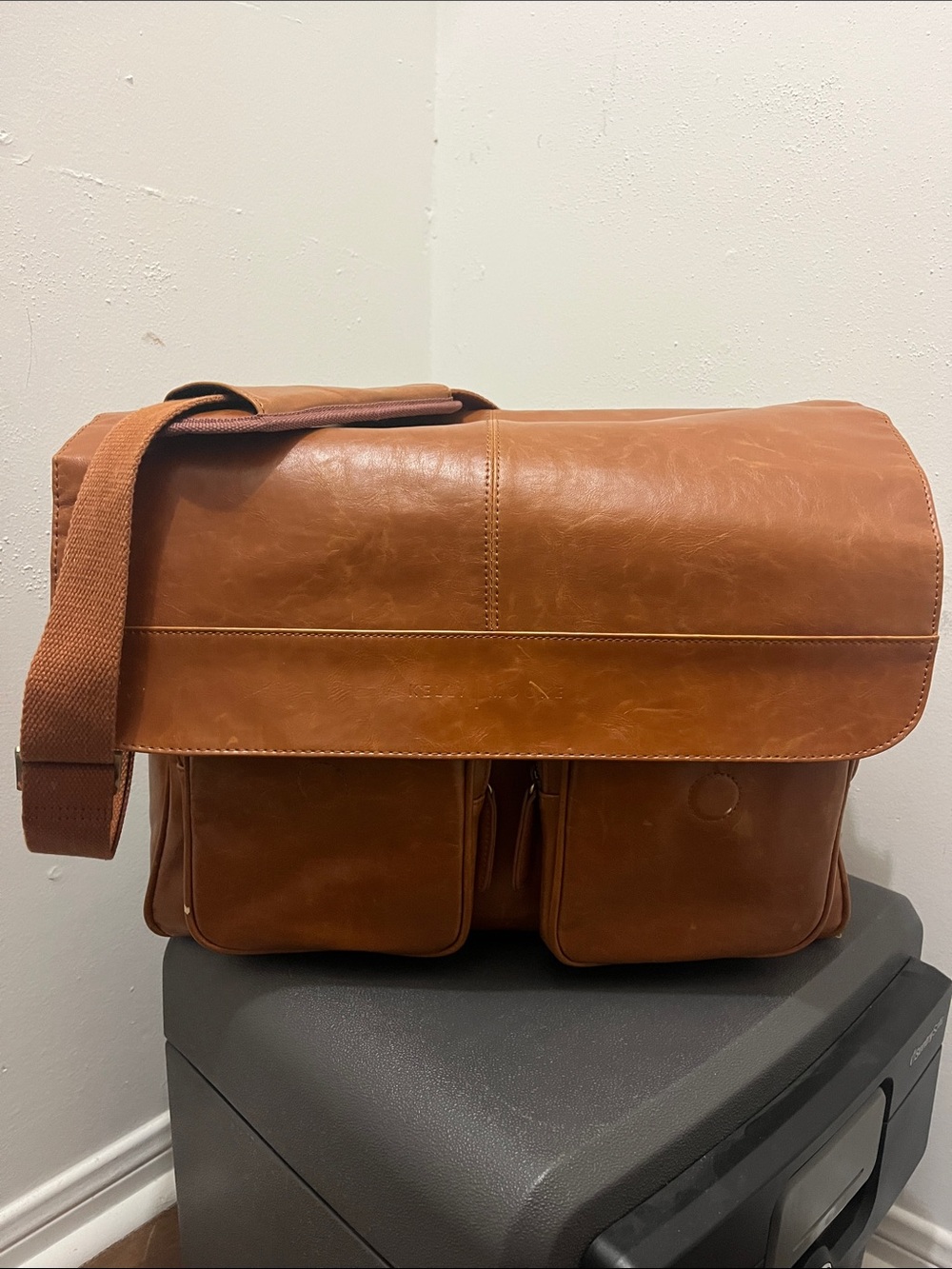 Kelly Moore Cognac Leather Messenger Bag with Front Pockets